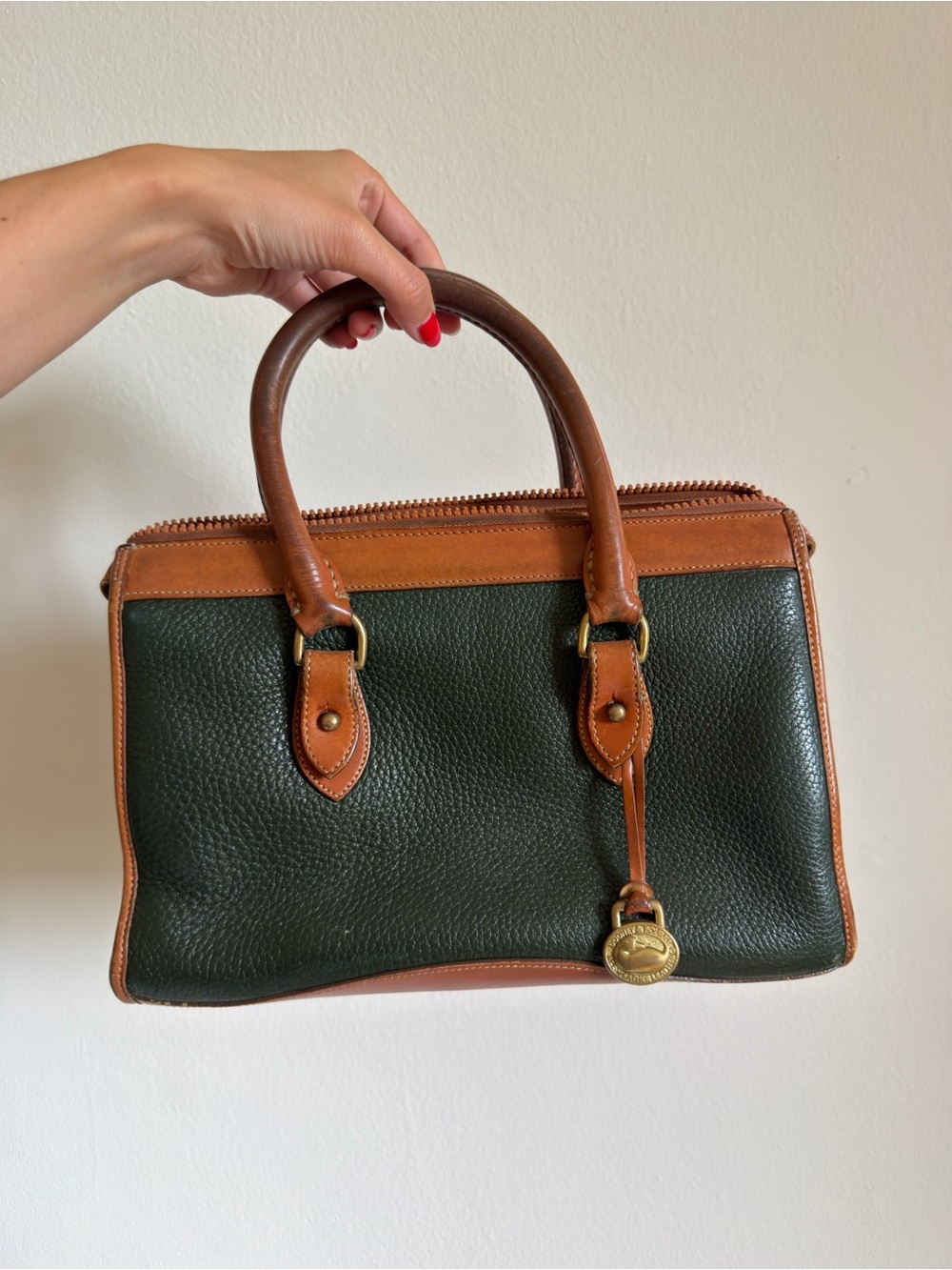 Dooney & Burke Vintage Leather-Trim Top-Handle Bag in Dark Green and Brown - Picture 3 of 7